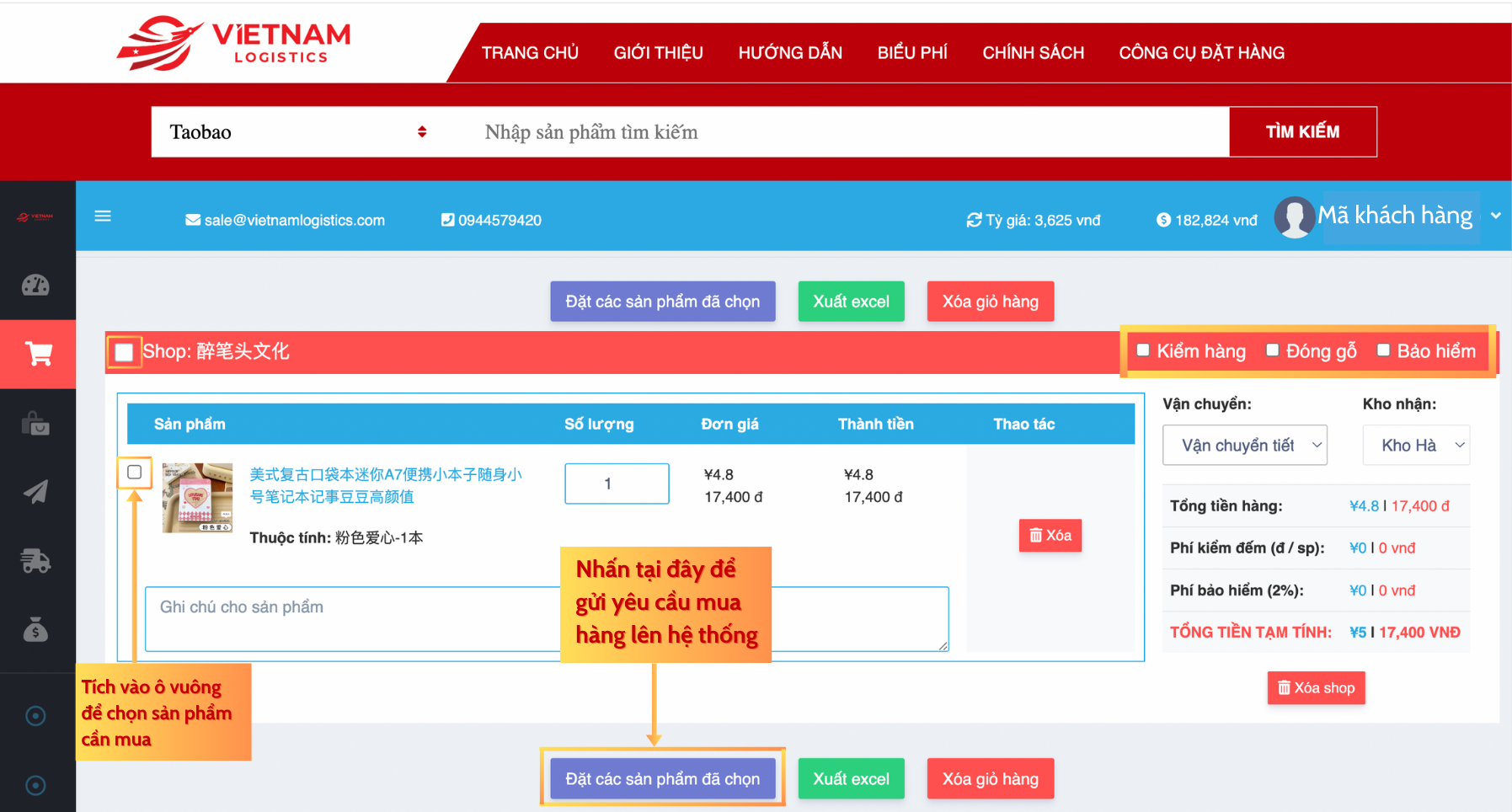 đặt hàng trên website